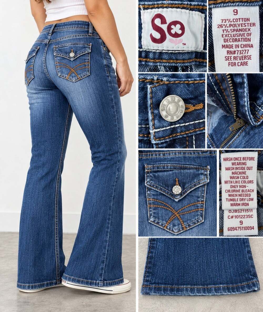 Y2K SO Juniors Low Rise Flare Jeans Size 9 Medium Wash Flap Pockets